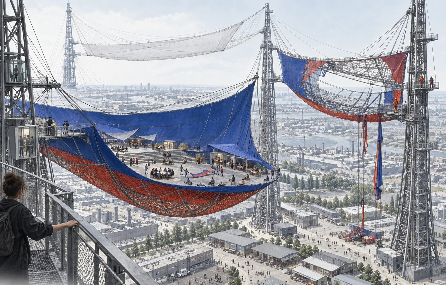 Generated concept study: a blue enclosed civic hall and a red open cable cradle hang among industrial masts high above a city, with a separate public ground below.